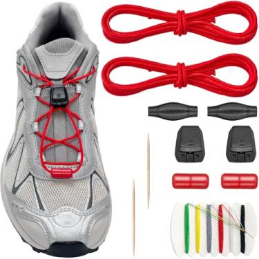 Imagem de Lacesgian Kits de cadarços sem amarração 5/64" (2 mm) redondos finos, sistema de bloqueio rápido de 137 cm de comprimento, cordões de substituição para sapatos, Vermelho, 54"/140cm