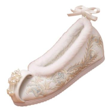 Imagem de Lazutom Sapatos femininos de algodão bordado Hanfu inverno quente forrado de pelúcia vintage sem cadarço com borlas e miçangas, Branco, 35