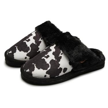 Imagem de Funky Junque Pantufas femininas felpudas – sapatos fofos para casa, uso interno e externo, chinelos fofos para quarto, tamanhos 6 a 10, presente aconchegante, Estampa de vaca - preta, 8-10