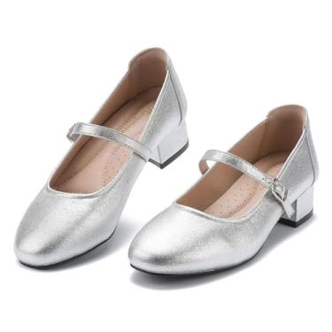 Imagem de Hingswink Mary Jane Sapatos de salto baixo para mulheres com tira ajustável no tornozelo - salto grosso de 5 cm para ocasiões casuais elegantes, PU, prata, 37