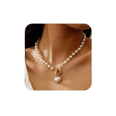 Imagem de RLHRNDE Colares femininos em forma de coração de pérola, feitos à mão, coração, OT, fecho articulado, gargantilha, pingente, casamento, dia dos namorados, roupas, acessórios, joias, presentes, Medium