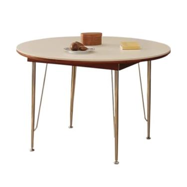 Imagem de Mesa de jantar redonda de ardósia, mesa de centro branca, mesa de jantar com perna de metal, adequada para varanda, sala de jantar, sala de estar, mesa de cozinha moderna