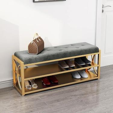 Imagem de Luxuoso banco de sapatos estofado de veludo, banco de entrada moderno com prateleira de sapatos dourada, banco de armazenamento de sapatos de entrada de corredor, cinza (119 x 35 x 45 cm)