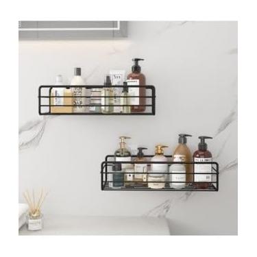 Imagem de kit suportes organizadores de metal, rack de parede para banheiro e cozinha, porta shampoo de metal resistente (2 RETAS)