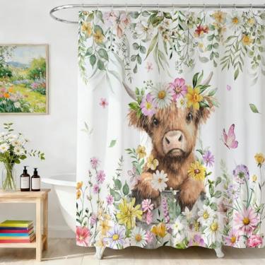 Imagem de Mocsicka Cortina de chuveiro Spring Highland Cattle Highland Cow aquarela floral para banheiro Hello Spring Farmhouse Cortinas de chuveiro de tecido impermeável decoração de banheira com 12 ganchos