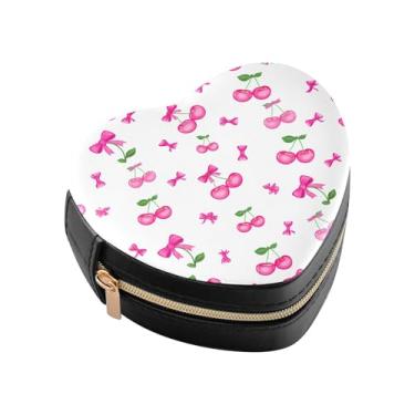 Imagem de Burbuja Mini caixa de joias em forma de coração cereja com laço para mulheres e meninas, estojo portátil organizador de armazenamento para brincos, anéis, colares e pulseiras