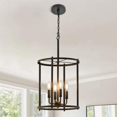 Imagem de Luvkczc Lustre preto de 4 luzes, lanterna preta industrial luminárias de teto com gaiola de metal rústico altura ajustável luz de suspensão geométrica para ilha de cozinha, sala de jantar, entrada