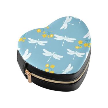 Imagem de Burbuja Caixa de joias em forma de coração com flores de libélulas, mini estojo de viagem para mulheres e meninas, organizador portátil de armazenamento para brincos, anéis, colares e pulseiras