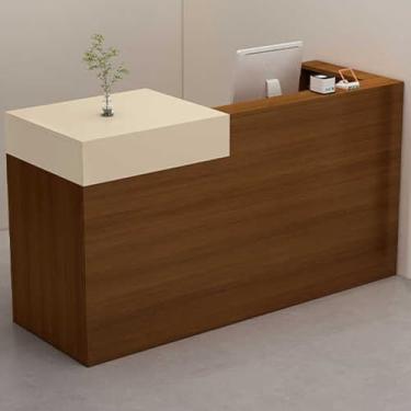 Imagem de Mesa de recepção moderna com gaveta e armário de armazenamento, recepção de madeira com painel lateral envolvente para área de recepção de escritório (off-white/marrom, 90 cm)