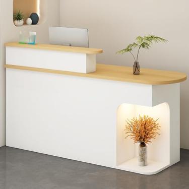 Imagem de Mesa de recepção moderna com luz LED e gaveta com trava - pequeno balcão de varejo para escritório com armário de armazenamento (natural, 110 cm)