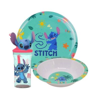 Imagem de Kit Refeição Infantil Melamina Stitch Disney 3 Peças Incluso Copo Com Canudo 3d - Tuut
