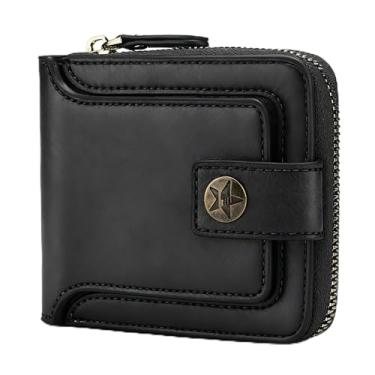 Imagem de Carteira masculina dobrável com zíper e fivela, mini carteira portátil de couro PU com janela de identificação para viagem, uso diário (preto)