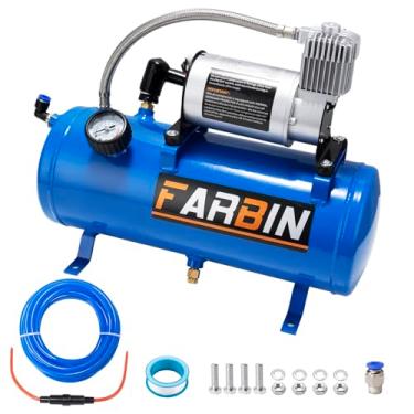 Imagem de FARBIN Compressor de ar de 150 PSI 1,6 gal com tanque de ar, bomba de ar de 12 V para buzina de trem, buzina de ar, pneus infláveis, colchões de ar (compressor de ar azul de 1,6 galão)