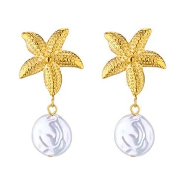 Imagem de Brincos De Aço Inoxidável Vintage Femininos Com Estrela-do-mar E Conch