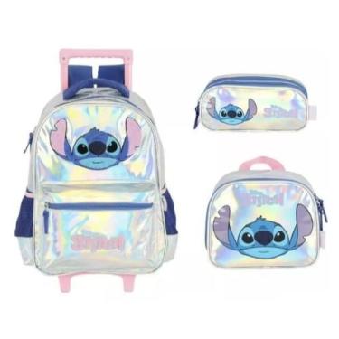 Imagem de Kit Mochila Rodinha Stitch Holográfica Com Lancheira Estojo