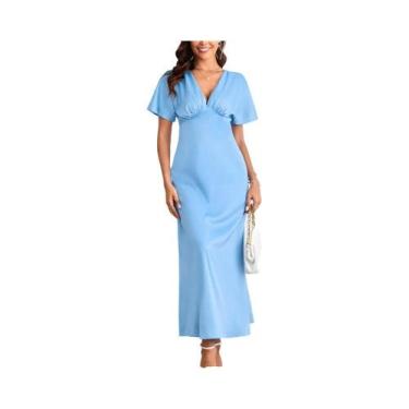 Imagem de Vestido Maxi De Seda Estilo Boêmio Para Mulheres, Decote Em V, Manga C