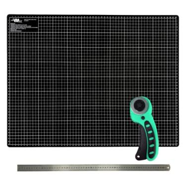 Imagem de kit Base Apoio Mesa de Corte Grande 90x60 Cortador Circular 45mm Azul Tiffany Régua inox 60cm (Placa de Corte Grande Preta)