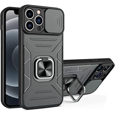 Imagem de IOTUP Capa para iPhone 13/13 Mini/13 Pro/13 Pro Max, proteção contra quedas de grau militar com anel de metal aprimorado suporte magnético com capa de câmera deslizante (cor: cinza, tamanho: 13pro max 6,7 polegadas)