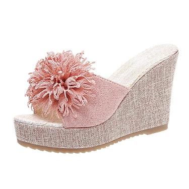 Imagem de Sandálias femininas tamanho 11 largura larga flores de verão sem cadarço casual bico aberto anabela sapatos de praia confortáveis, rosa, 8