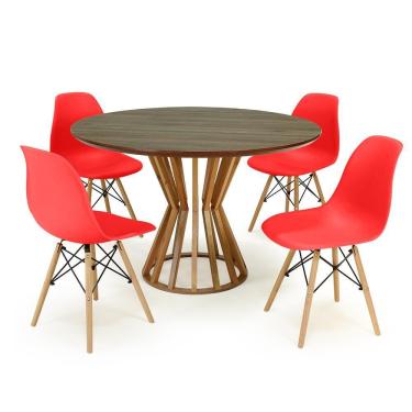 Imagem de Conjunto Mesa de Jantar Redonda Cecília Amadeirada Natural 120cm com 4 Cadeiras Eames Eiffel - Vermelho