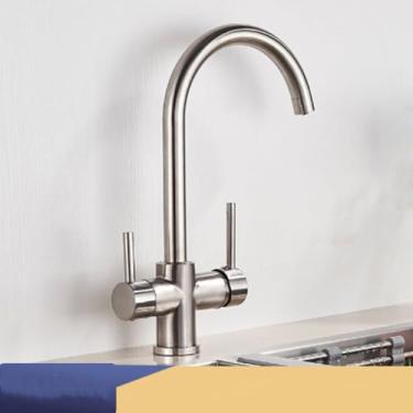 Imagem de Filtro torneira da cozinha cromo beber água pura torneira da cozinha deck montado alças duplas 3 maneiras misturador de água quente e fria, níquel escovado b, 1