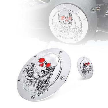 Imagem de Hutexico Capa de temporizador Derby CNC 3D Skull e capas de pontos 5 furos para Harley Twin Cam Touring Road King Electra Glide FLHR FLHX FXST Dyna Derby Cover Capa de sincronização do motor (cromado R)
