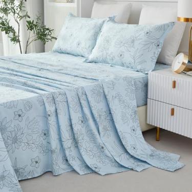 Imagem de Helthep Jogo de lençol floral, solteiro, GG, estampa floral, 100% algodão, lençol com 44,5 cm de profundidade, 4 peças, lençol com flores botânicas de primavera azul claro para cama solteiro GG
