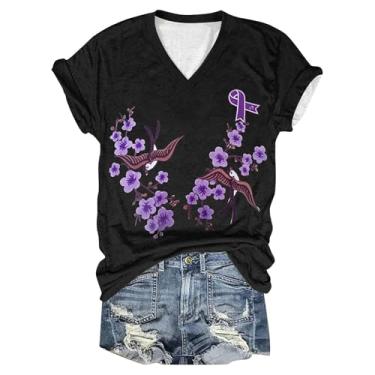 Imagem de PKDong Camisetas femininas de conscientização de Alzheimer estampadas florais flores roxas camisetas com gola V camisetas de verão modernas, Preto, M
