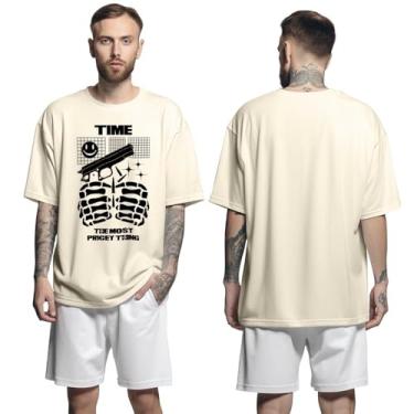 Imagem de Camisa Camiseta Oversized Streetwear Genuine Grit Masculina Larga 100% Algodão 30.1 Time The Most Pricey Thing - Bege - G
