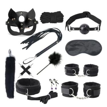 Imagem de Kit 12 Peças Brinquedos Sexuais para Adultos, Jogos Eróticos, Algemas, Braçadeiras de Mamilo, Corda Chicote Mordaça, Produtos Sexuais (Preto)