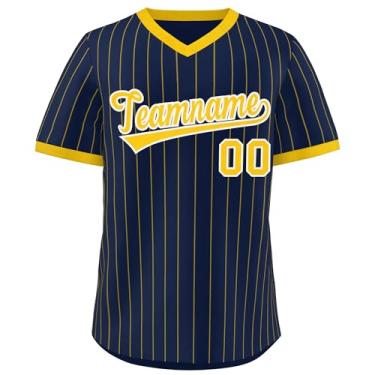 Imagem de Camiseta de beisebol listrada personalizada com decote em V uniforme esportivo costurado número para homens mulheres jovens, Azul-marinho/amarelo-20, One Size