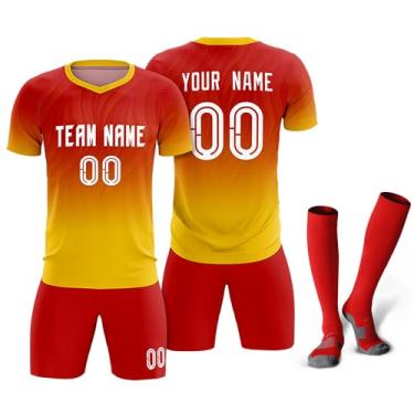 Imagem de Camisetas de futebol personalizadas com logotipo de número de nome masculino feminino infantil camisas de futebol personalizadas uniformes de equipe camiseta juvenil, Vermelho/amarelo/gradiente 14,