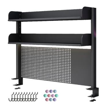 Imagem de Prateleiras de mesa – estante de mesa, estante de bancada de metal para mesa de computador, prateleiras organizadoras de exibição multiuso com grade e ganchos