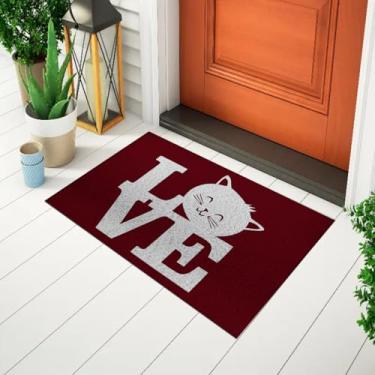 Imagem de Capacho Divertido e Decorativo De Porta Tapete Estampado Escrita - Love Cat - Fundo Vinho Ca1759