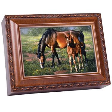 Imagem de Cottage Garden Horses Brown Mare Black Mane Colt Woodgrain Corda Acabamento Joias Caixa de música Toca Wonderful World