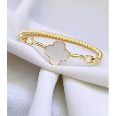 Imagem de Pulseira Bracelete Fio Torcido Rígido com Pingente Flor Trevo Folheado
