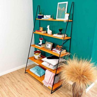 Imagem de Estante Escada de Ferro e Madeira Industrial Ample 5 Prateleiras Carva