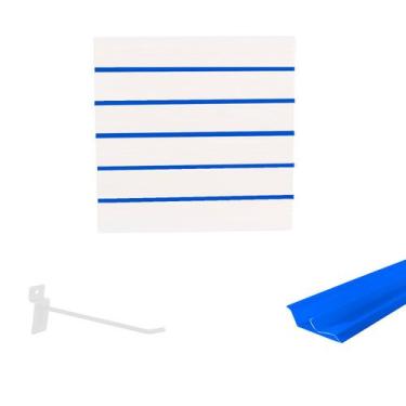 Imagem de Painel Canaletado Branco em Mdf 0,61 x 0,61m com Perfil Pvc Azul e 20 