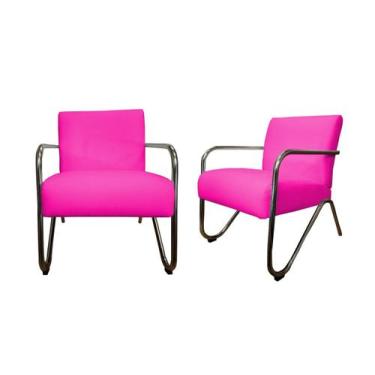 Imagem de Kit 2 Poltronas Decorativa Bela Couro Rosa Pink Braço Cromado Ms Decor