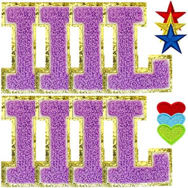 Imagem de Jongdari Passe a ferro em letras para roupas, aplique de letras de chenille universitário com glitter, aplique de costura do alfabeto com adesivo passado - 8 peças, roxo, G