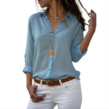 Imagem de Blusas femininas elegantes blusa de chiffon sólida primavera verão casual manga comprida gola em v camisa solta, azul claro, XXL