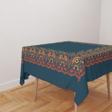 Imagem de Toalha De Mesa Quadrada 4 Lugares Tecido Oxford Moldura Arabesco Azul 