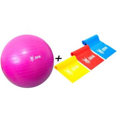 Imagem de Kit Bola Pilates 65 cm Suiça + Faixas Elasticas Odin Fit, Rosa
