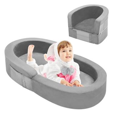 Imagem de QUCHI Cama de Viagem Infantil Portátil 2 em 1, Sofá Infantil Dobrável, Berço de Espuma Macia com Capa Lavável, Sofá-Cama Conversível para Crianças e Bebês, Interno e Externo