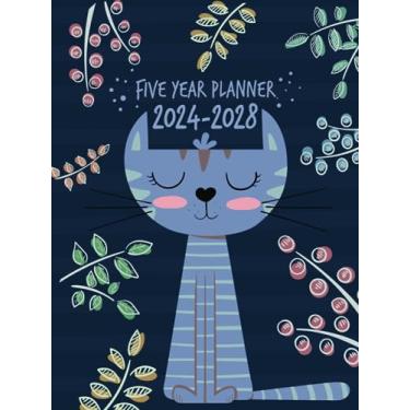 Imagem de 5 Year Monthly Planner 2024-2028 | Large | Cute Blue Cat Teacher: Calendar Book (US Federal Holidays, Moon Phases, Vision Board) Five Years / 60 Months: January 2024 – December 2028