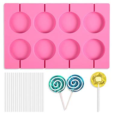 Imagem de Moldes redondos de silicone para pirulito de 8 capacidades, molde antiaderente de chocolate duro, molde de sucção de silicone com 20 palitos para doces duros, chocolate, pão, geleias, ventosa, etc