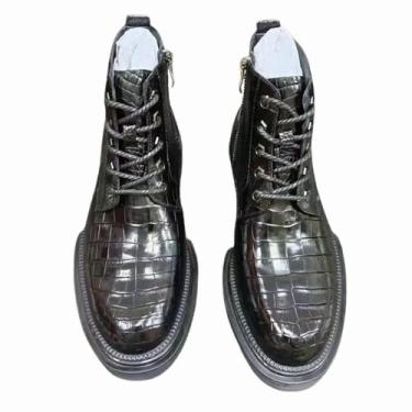 Imagem de Bota masculina autêntica de couro de crocodilo real, casual, preta, cano alto, couro de jacaré, com cadarço, curta, marrom, Preto, 39