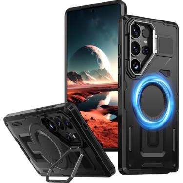 Imagem de Mephoro Capa superprotetora para Samsung S Series, com suporte magnético sem fio, proteção para câmera e suporte, preta