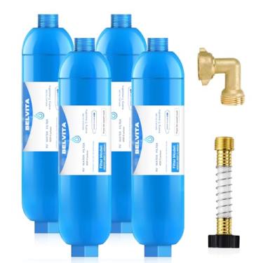 Imagem de BELVITA Filtro de água em linha RV com cotovelo de mangueira de 90 graus de latão sólido, elimina estresse e tensão em conexões de mangueira de admissão de água RV (pacote com 4)