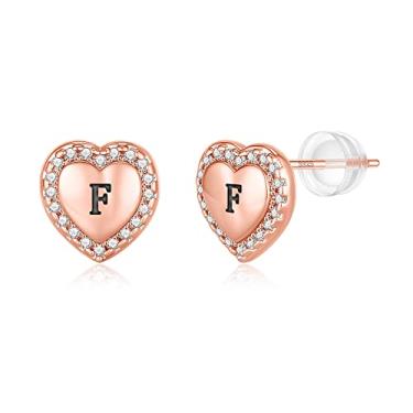 Imagem de Brincos de coração com inicial para meninas, prata esterlina S925, hipoalergênicos, banhado a ouro rosa, zircônia cúbica, brincos com letra para meninas adolescentes, meninas e crianças, Latão, Zircônia cúbica